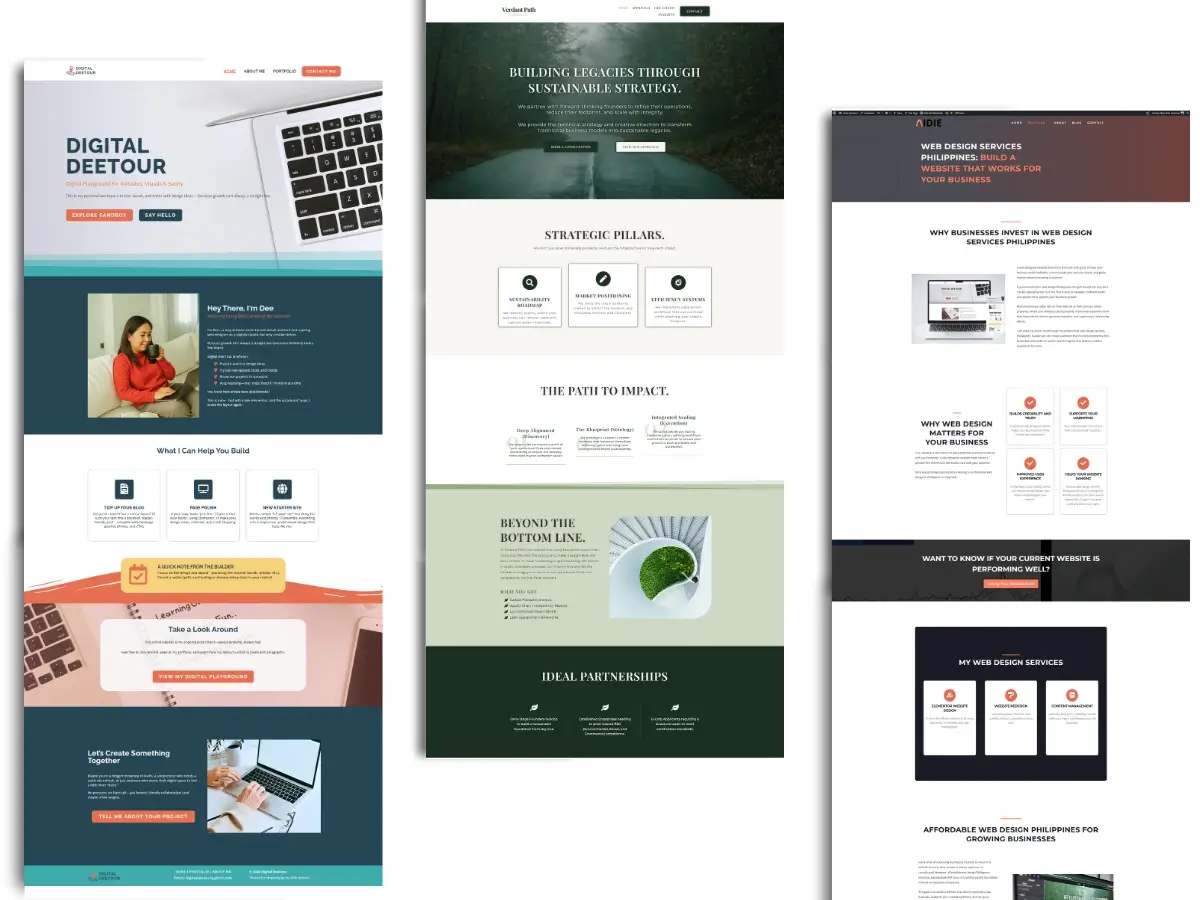 A collection of sample mock up web designs by Aidie Asuncion, web designer in Sto. Tomas, Batangas, shown in a clean digital frame.